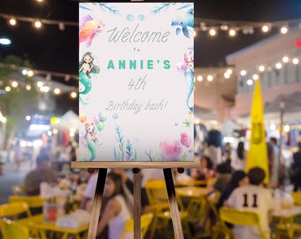 Pacote de placas de aniversário de quatro anos em tons pastel de sereia, placas de boas-vindas, etiquetas para bufê, placas decorativas, decorações para festas com bandeirinhas