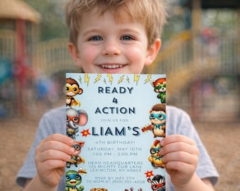 Plantilla de invitación de cumpleaños de animales superhéroes, invitación editable en Canva, invitación para fiesta de superhéroes para niños, invitación de cumpleaños para niño, invitación imprimible para Evite