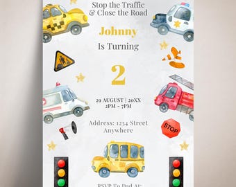 May include: A watercolor-style birthday invitation with a transportation theme. The invitation features illustrations of a taxi, police car, ambulance, fire truck, school bus, and traffic lights. Text includes "Johnny Is Turning 2" and event details.