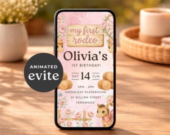 Convite digital animado, Meu primeiro rodeio, Vídeo de primeiro aniversário da menina, Modelo editável, Download instantâneo