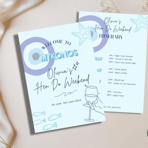 Plantilla de itinerario para despedida de soltera en Mykonos, diseño editable en Canva.