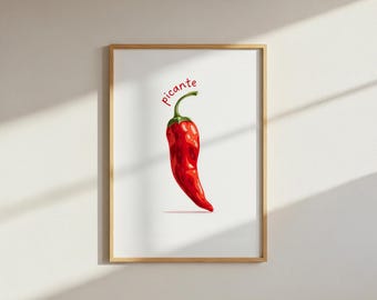 Print, Picante Chili Pepper, Retro Spicy Food Kitchen Wall Art