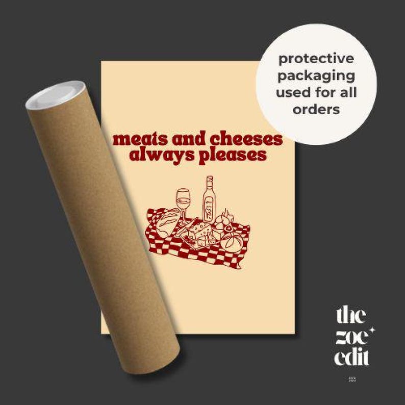 Framed retro kitchen print with bold red typography 'meats and cheeses always pleases' and a charcuterie basket illustration.