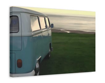 Photographic Art. Oil effect. VW Camper. Beach scene. Wall art. Canvas print