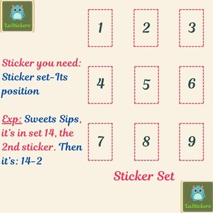 May include: A light green graphic with the text "Sticker Set" and the logo "LuStickers". The image displays nine numbered rectangles and instructions on how to identify stickers by set and position. The text includes an example using "Sweets Sips".
