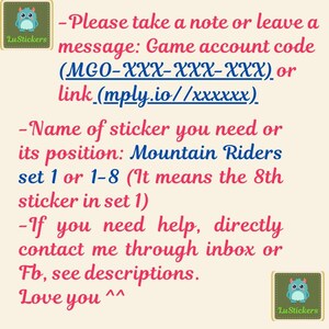 May include: A cream-colored graphic with text in red and blue, including instructions for ordering stickers. The text mentions a game account code and a link. The image also includes the text "Mountain Riders" and a logo with a blue cartoon owl.