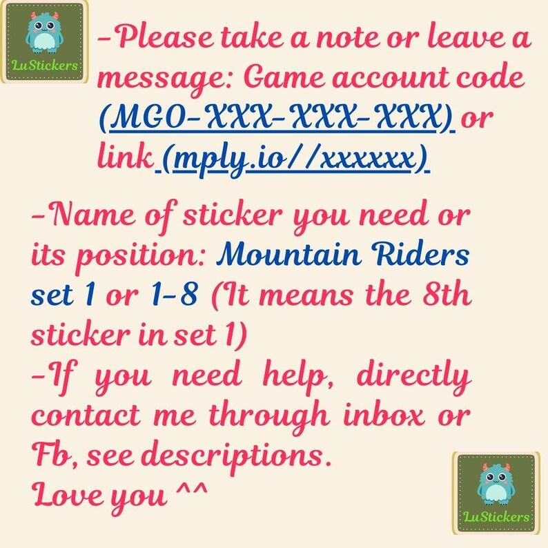 May include: A cream-colored graphic with text in red and blue, including instructions for ordering stickers. The text mentions a game account code and a link. The image also includes the text "Mountain Riders" and a logo with a blue cartoon owl.