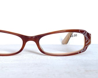 Acetate +1.00 +1.50 Vintage Reading Glasses Petite Fit Sleek Skinny Cheaters Slim Rectangular Eyeglasses Frame Caramel Amber