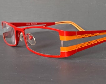 90s Vintage Skinny Reading Glasses +1.25, +2.00 Narrow Sleek Metal Rectangular Wide Fit Red Orange Mens Womens