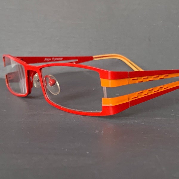 90s Vintage Skinny Reading Glasses +1.25, +2.00 Narrow Sleek Metal Rectangular Wide Fit Red Orange Mens Womens