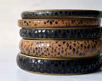 5 Vegan Vintage Snake Skin Brass Bangles Pressed Ultrasuede Brown & Black Bracelets