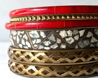 6 Unique Old Brass Vintage Mosaic Inlay Inlaid Stone Chip Red Stone Bracelets