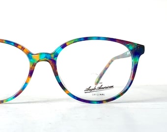 Anglo American Eyewear Multi Turquoise Aqua Mosaic MOD 257 BLMC England Vintage 90's Oval Cat Eyeglasses