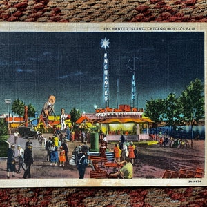 Postal antigua de la Isla Encantada de Chicago, Feria Mundial de 1933, Carnaval de Illinois, efímera, lino colorido