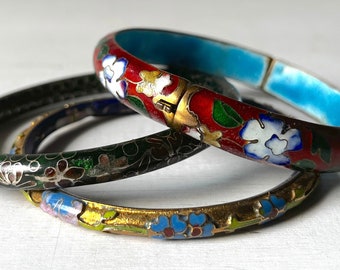 3 Unique Old Brass Hinged Enamel Cloisonné Vintage Boho Artsy Bracelet chinoiserie jewelry