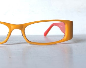 1990's Narrow Skinny Acetate Rectangular Vintage Crayon Yellow Golden Melon Orange Bright Color Unisex Eccentric Eyewear