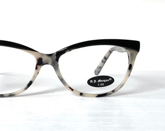 Wide Fit +1.00 Acetate Cat Eye Cheaters Browline Black Ivory Leopard Reading Glasses Eyewear Eyeglasses Vintage