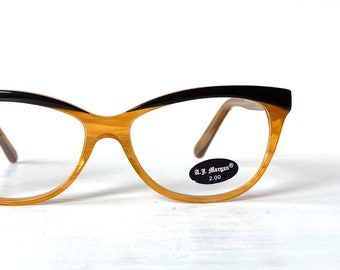 Wide Fit +2.00 Acetate Cat Eye Cheaters Browline Black Amber Reading Glasses Eyewear Vintage