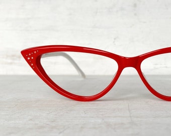 Acetate Reading Glasses Pointy Cat Eye Eyewear Glasses Eyeglasses Vintage Red White +1.00 1.25 +2.25 w Teeny Rhinestones