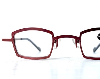 Quirky +1.50 Reading Glasses WIDE Bridge Square Metal Vintage 1990s Lightweight Matte Red Burgundy Unisex