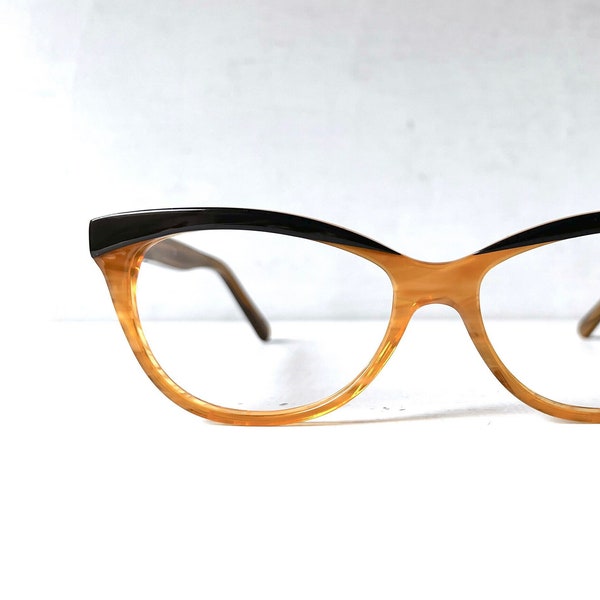 Wide Fit Acetate Cat Eye Amber Caramel Browline Eyewear Eyeglasses Vintage 90s