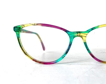 1990s Vintage Cat Eye Conquistador H. J. Marwitz  Hot Pastel Neon Mosaic Tropical Made in Germany