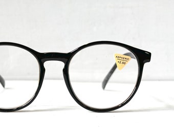Big +2.50 Round Reading Glasses 'FISHBOWL' Vintage Shiny Black