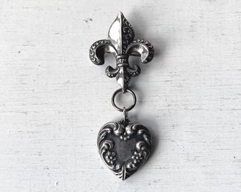 Victorian Sterling Silver Puffy Heart Antique Fleur de lis Brooch