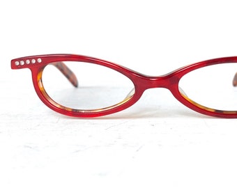 Vintage +1.00 Reading Glasses WIDE FIT Acetate Frame Glasses French Style Cat Eye Rhinestone