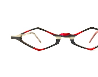 Vintage 90s French Diamond Shape Skinny Acetate Striped Eyeglasses France Red Black White Marion Ramm for NA UND