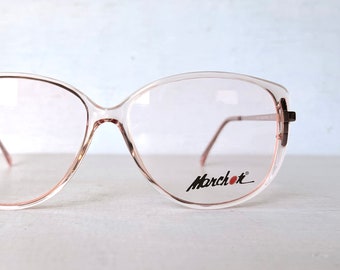 Vintage Eyeglasses MARCHON 'Flora' 80s Pale Pastel Crystal Pink Eyeglass Frame Wide Fit
