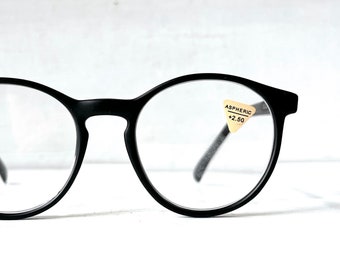 Big +2.50 Round Reading Glasses 'FISHBOWL' Vintage Matte Black