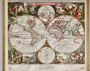 Vintage World Map Linen 1700s Repro Amsterdam by Gerald Valck 27 x 24