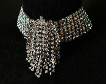 Vintage Aurora Borealis Rhinestone Drippy Showgirl Vegas Waterfall Fringe Collar Choker Necklace