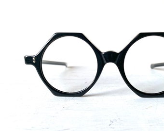 47-20-140 Imperial USA Round Hexagon Eyeglass Frames Black Eyeglasses Vintage NOS Rocker Mid Century Modern Eyewear