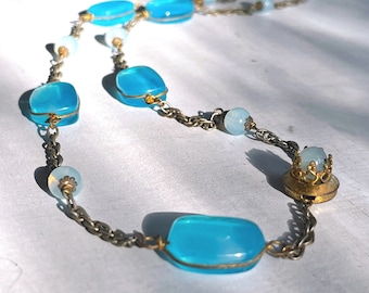 37" Blue Czech Glass Vintage Wire Wrapped Chicklet Necklace Crown Clasp Light Blue Opalescent Beads