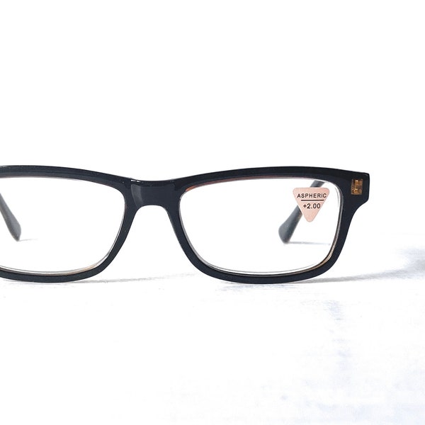 Amber +2.00 Reading Glasses Vintage Rectangular Geek Unisex Mild Nerd Style Black/Amber VINTAGE 1990s