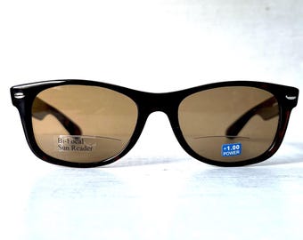Retro Y2K Bifocal +1.00 Sun Reader Reading Sunglasses Brown Tortoise Wayfarer Style Gender Neutral
