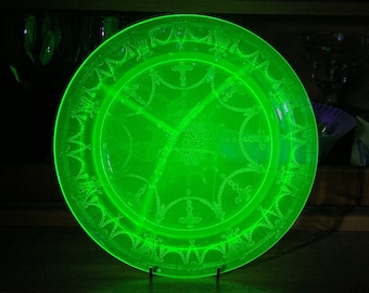 Uranium Depression Glass 1930's Cameo Ballerina Swag Pattern Divided Partitioned Dinner Plate Dish Modern Atomic Kitchen