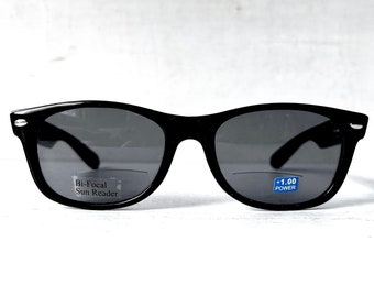 Retro Y2K Bifocal +1.00 Sun Reader Reading Sunglasses Black Wayfarer Style Gender Neutral