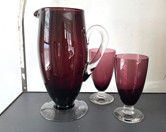 1960s Elegant Purple & Clear Amethyst Art Glass Pitcher Stemware Set for 2 Hand blown