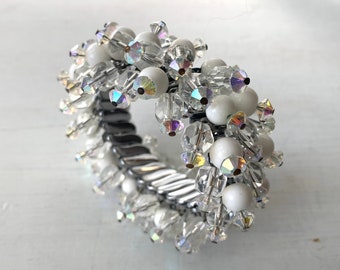 Vintage Cha Cha Expansion Stretch Bracelet Full Swing Rockabilly Mid Century Clear AB Aurora Borealis Crystals