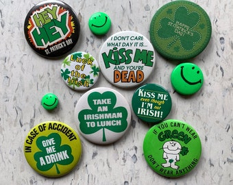 11 Green Button Pin Back Badges Vintage Green Theme St Patricks Day Smiley Face Collection Lot