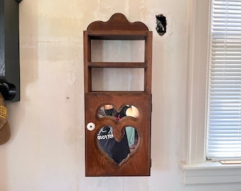 28 x11 x4 Vintage Cabinet, Narrow Wooden Heart Door, Cottagecore, Farmhouse Medicine, Wall Storage,  Hand Made,  1970's