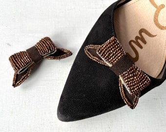 1940's Suede Beaded Copper Shoe Clips,  Vintage Feminine Sweater Bow Pin,  Fine Beaded Hair Bow Barrette Comb Clip Craft