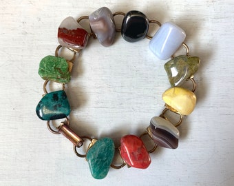 Natural Stone Vintage Rock Paper Scissors Agate Quartz Charm Link Bracelet