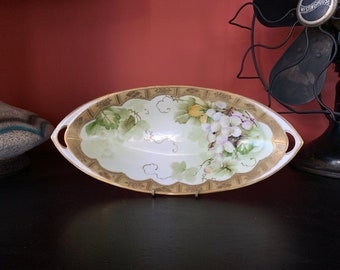 1890's Noritake Marquis Shaped Porcelain Royal Grapes Gold Greens Stunning Hand Painted Victorian Antique Dish