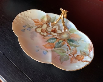 Limoges W.G. Co France Split Handled Wild Nut Chestnut Porcelain Wood Rose Dish Stunning Hand Painted Victorian Antique