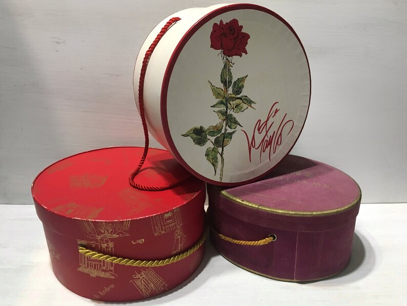 3 Cardboard Wig Bo Vintage Round Oval Lidded Box W Cord Handle Lid Lord Taylor Elizabeth Arden Alvah S Storage Container