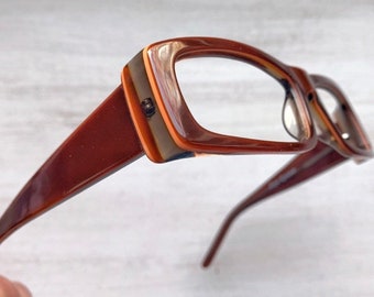 Vintage Beatnik Acetate Rectangular Eyeglasses 54-18-130 Thick New Old Stock 1990s Brown Orange Pinstripe Unisex Frames Wide Fit